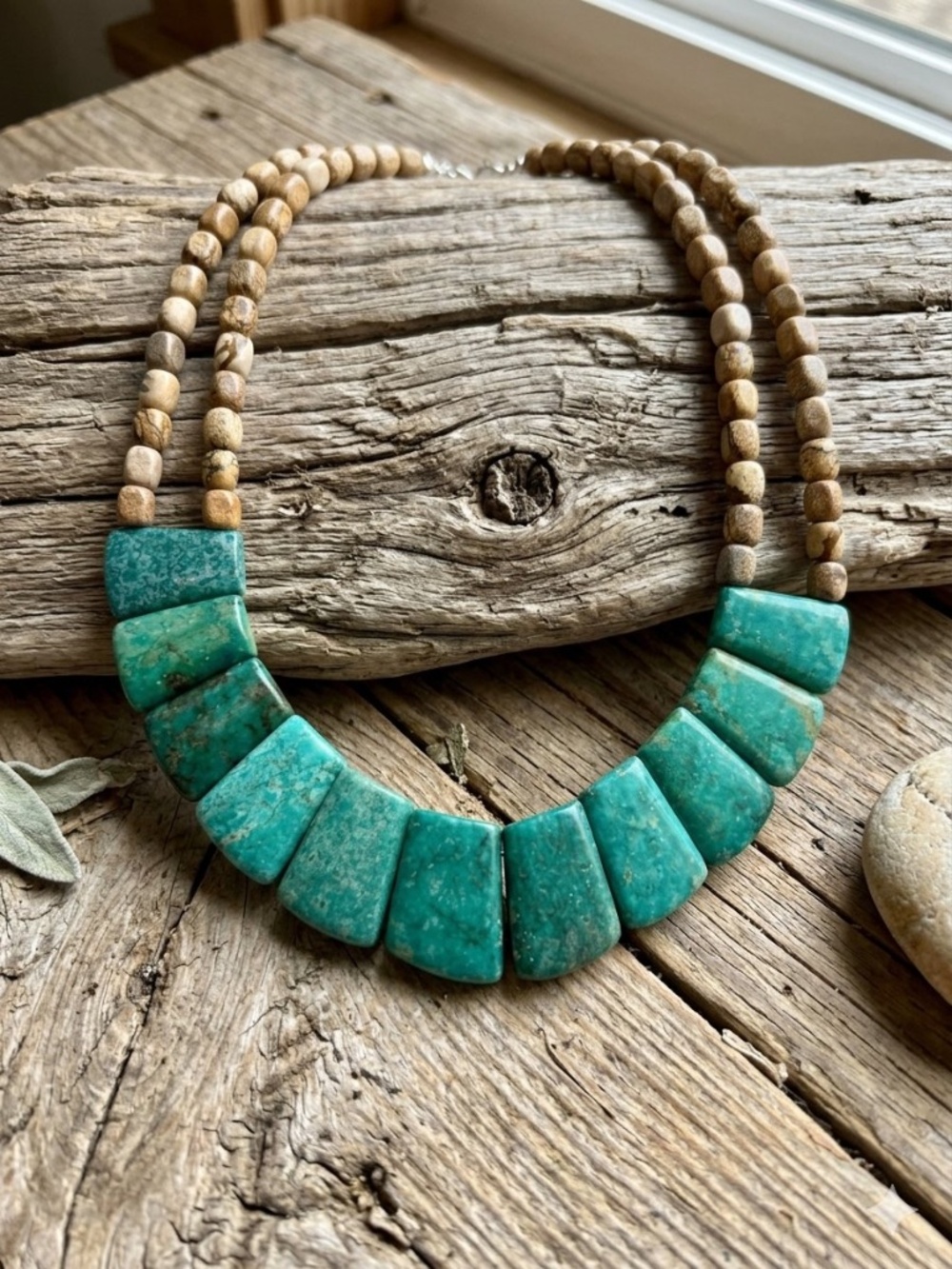 Chunky Turquoise Colored Chrysocolla & Picture Jasper Bib Necklace